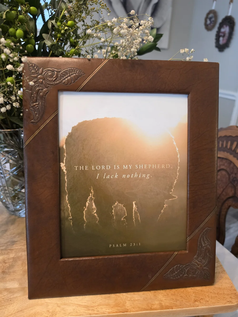 Custom leather-framed Scripture art print Minimalist silhouette of a sheep